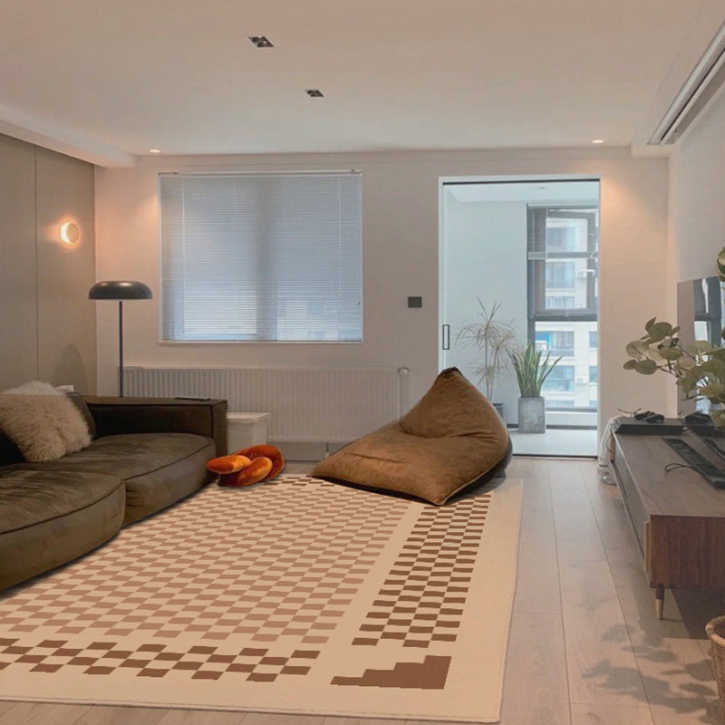 Brown Modern Carpet Plaid Pattern Polyester Area Rug Stain Resistant Rug for Home Decor