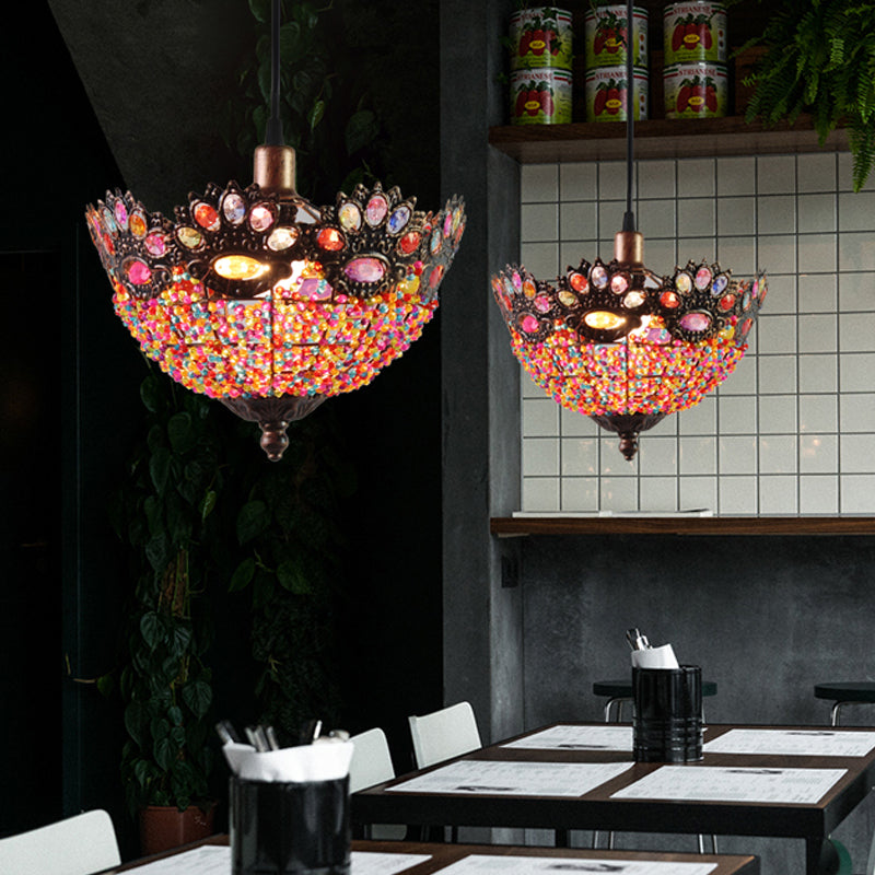Bohemian Bowl Hanging Light Fixture 1 Light Metal Drop Pendant in Rust for Restaurant