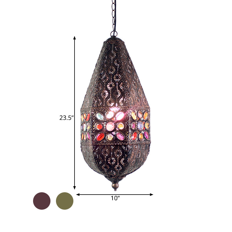 1 Head Metal Pendant Lamp Antique Purple/Green Droplet Restaurant Suspension Lighting