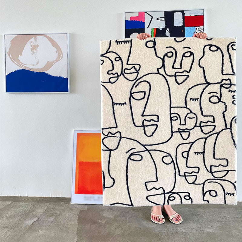 White Abstract Pattern Area Carpet Modern Polyester Area Rug Anti-Slip Rug for Home Decor