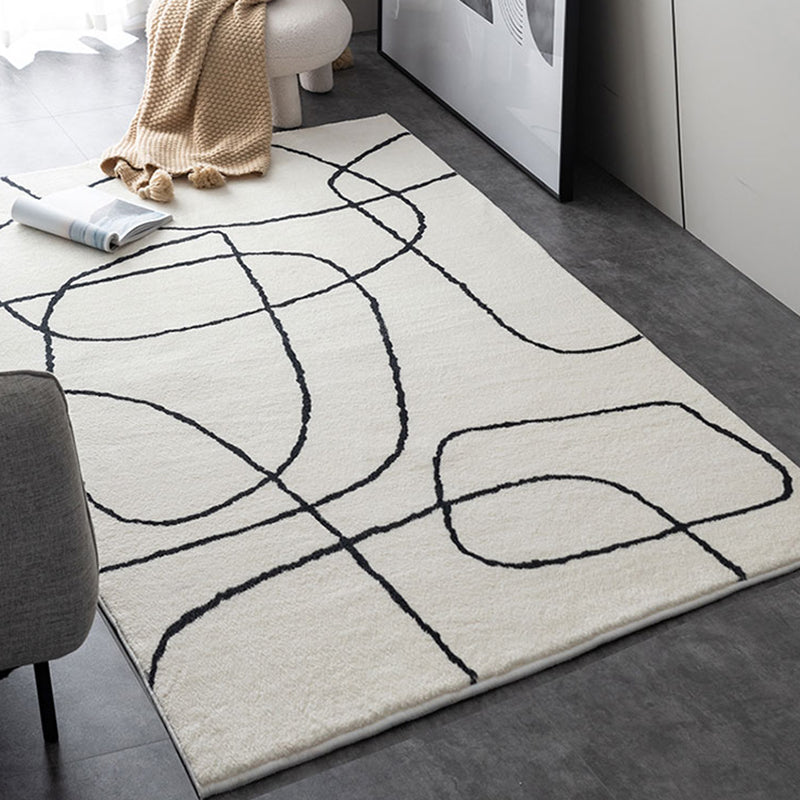 White Abstract Pattern Rug Modern Polyester Area Carpet Non-Slip Backing Rug for Home Decor