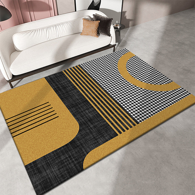 Black Living Room Area Rug Geometric Pattern Modern Area Carpet Polyester Non-Slip Backing Rug