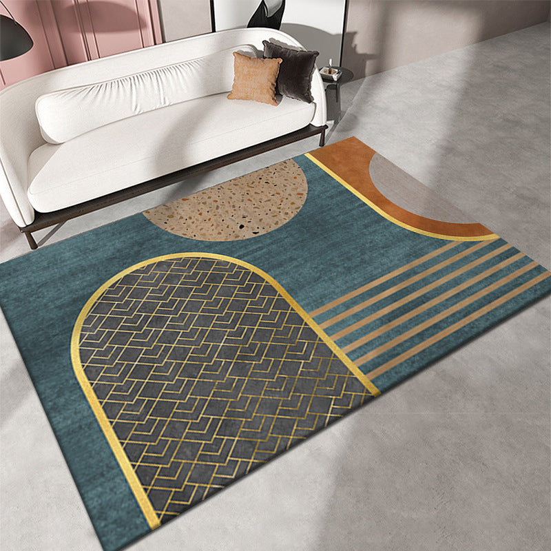 Black Living Room Area Rug Geometric Pattern Modern Area Carpet Polyester Non-Slip Backing Rug