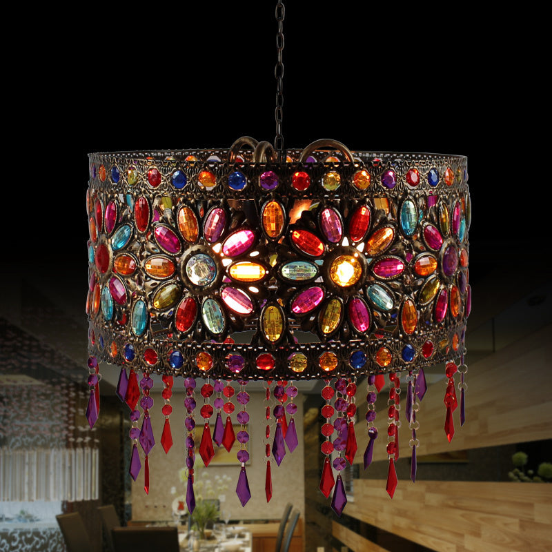 Drum Restaurant Chandelier Lighting Art Deco Metal 3 Bulbs White/Black Pendant Light Fixture with Crystal Accent