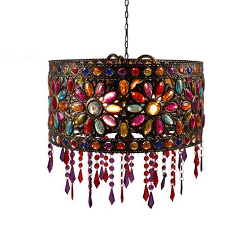 Drum Restaurant Chandelier Lighting Art Deco Metal 3 Bulbs White/Black Pendant Light Fixture with Crystal Accent