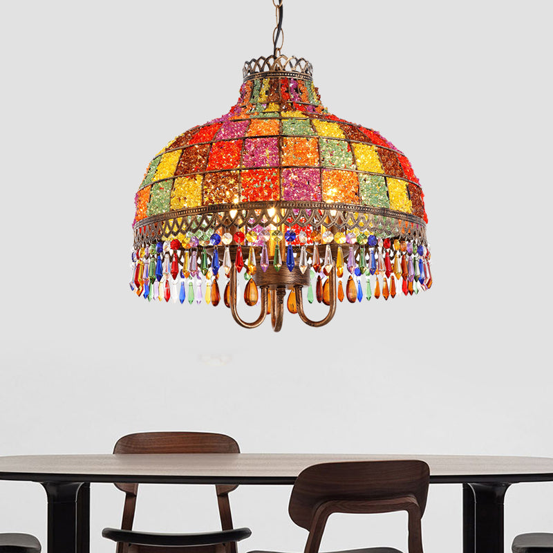 Bohemian Bowl Chandelier Lighting Fixture 3 Heads Metal Ceiling Pendant Light in White/Red/Yellow with Crystal Draping