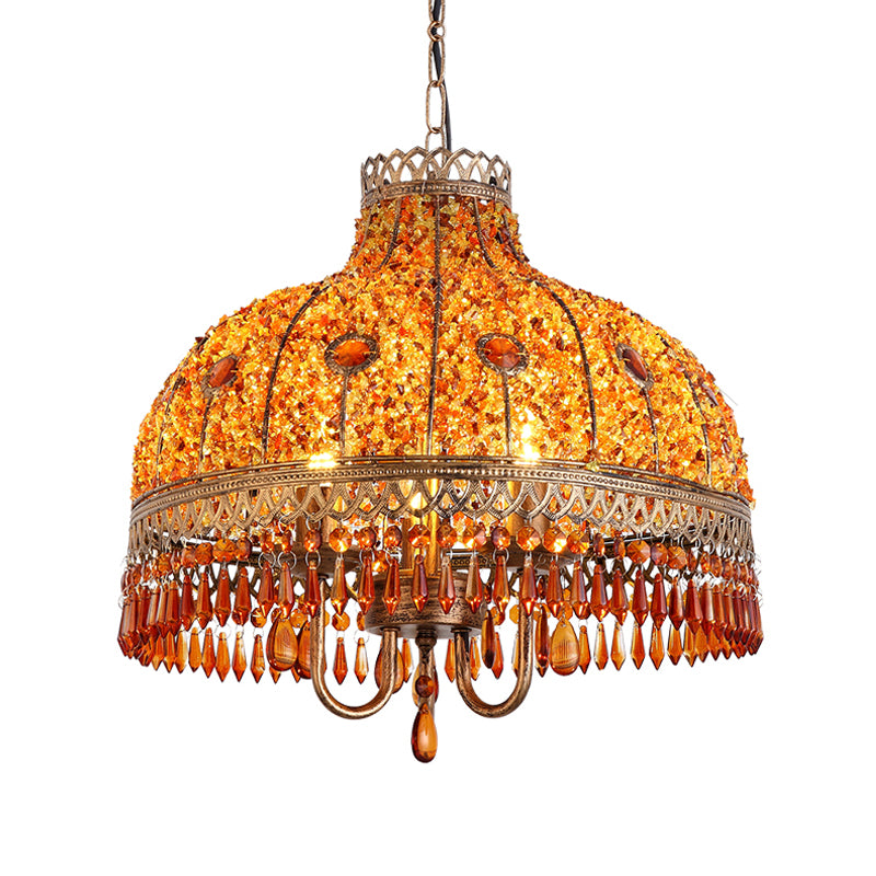 Bohemian Bowl Chandelier Lighting Fixture 3 Heads Metal Ceiling Pendant Light in White/Red/Yellow with Crystal Draping