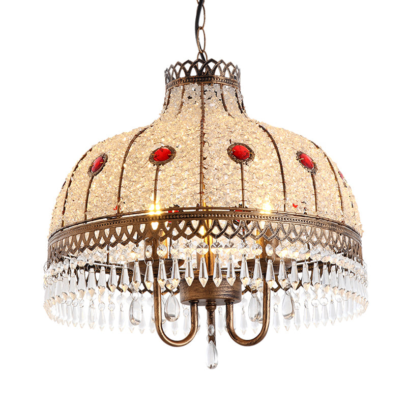 Bohemian Bowl Chandelier Lighting Fixture 3 Heads Metal Ceiling Pendant Light in White/Red/Yellow with Crystal Draping