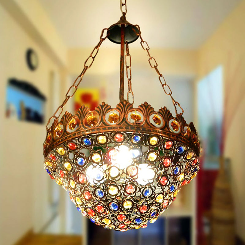 10"/13" Wide Metal Copper Ceiling Chandelier Bowl 3 Bulbs Art Deco Down Lighting Pendant for Dining Room