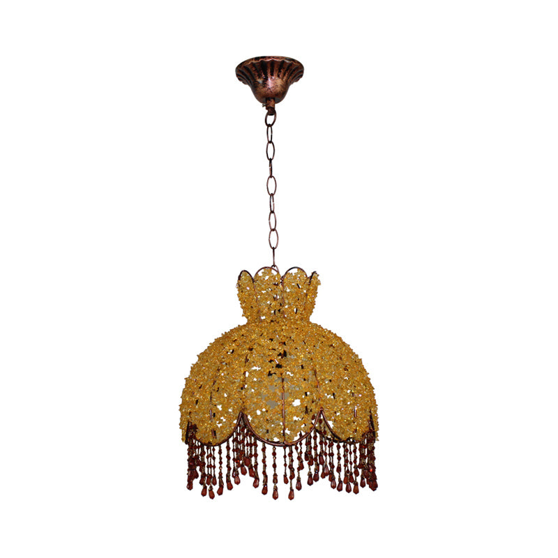 Bohemian Scalloped Pendant Chandelier 3 Heads Metal Hanging Ceiling Light in White/Red/Yellow with Dangling Crystal