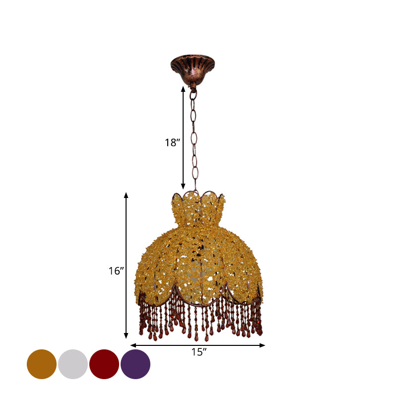 Bohemian Scalloped Pendant Chandelier 3 Heads Metal Hanging Ceiling Light in White/Red/Yellow with Dangling Crystal