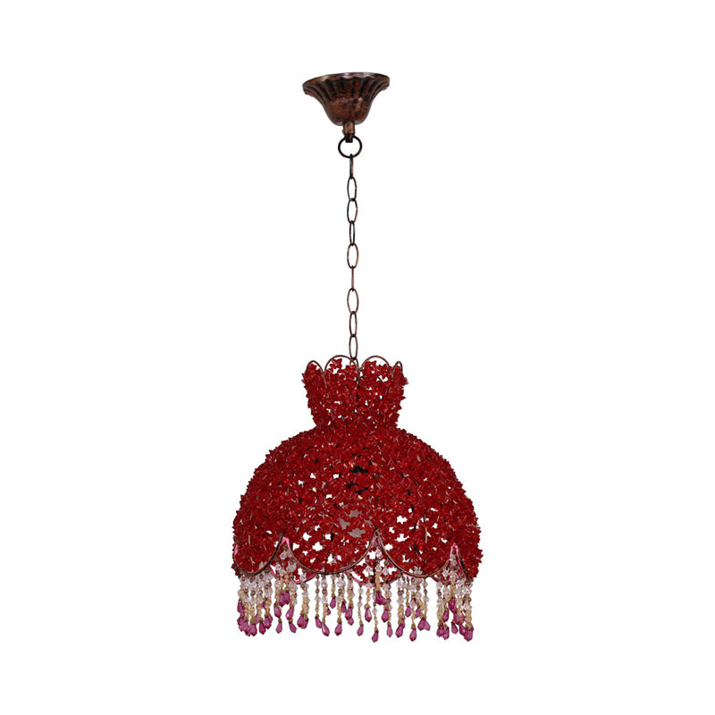 Bohemian Scalloped Pendant Chandelier 3 Heads Metal Hanging Ceiling Light in White/Red/Yellow with Dangling Crystal