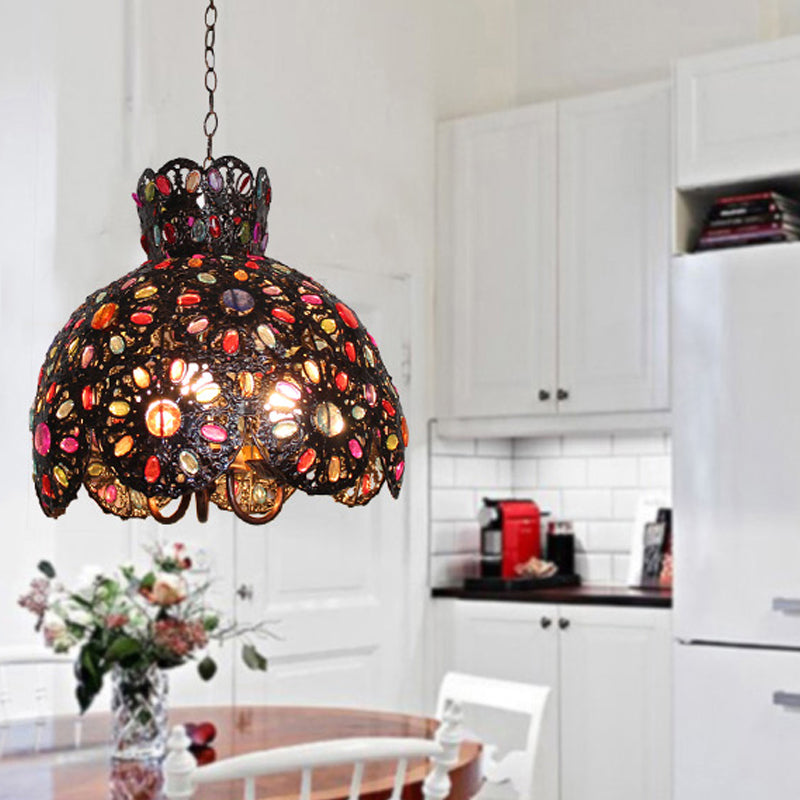 Scalloped Metal Chandelier Lighting Fixture Bohemian 3 Bulbs Living Room Ceiling Light in Black/Purple/Dark Purple