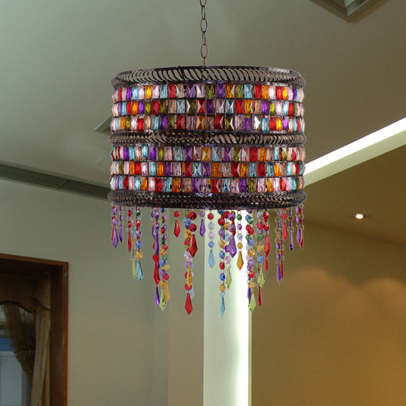 Metal Drum Chandelier Pendant Light Art Deco 3 Heads Living Room Drop Lamp in Bronze with Crystal Draping