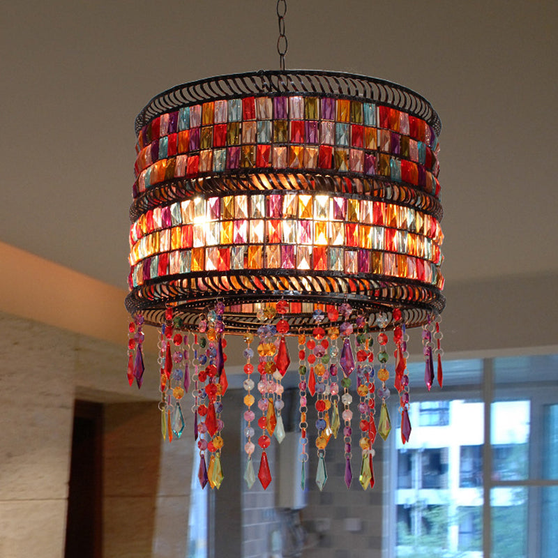 Metal Drum Chandelier Pendant Light Art Deco 3 Heads Living Room Drop Lamp in Bronze with Crystal Draping