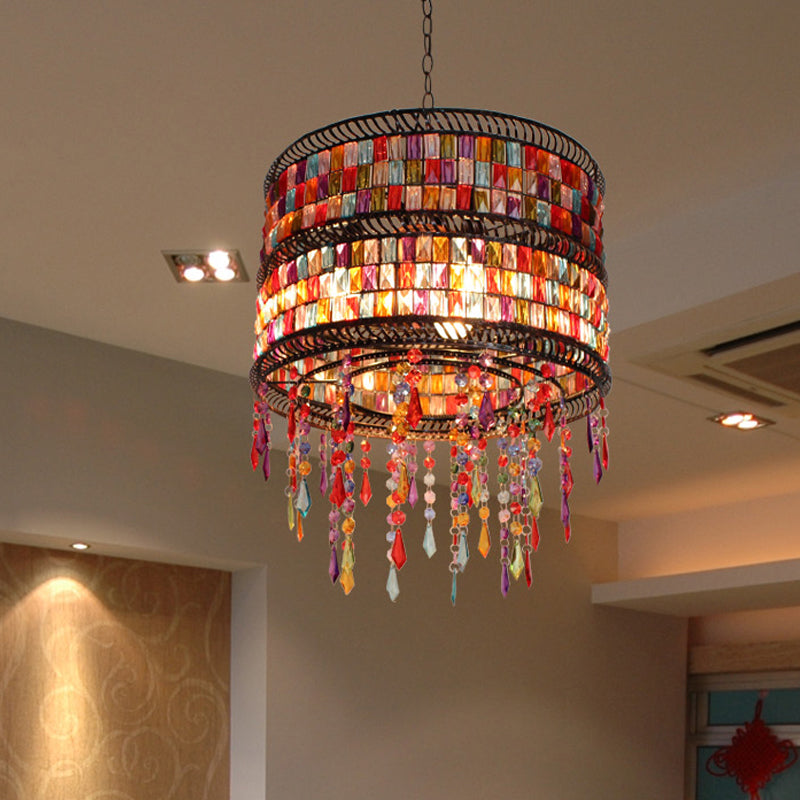 Metal Drum Chandelier Pendant Light Art Deco 3 Heads Living Room Drop Lamp in Bronze with Crystal Draping