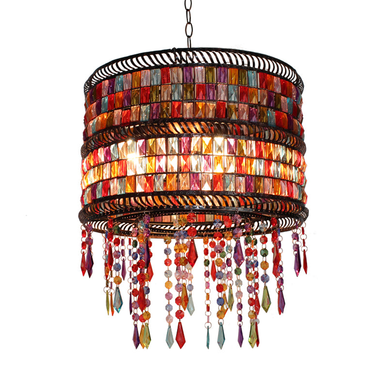 Metal Drum Chandelier Pendant Light Art Deco 3 Heads Living Room Drop Lamp in Bronze with Crystal Draping