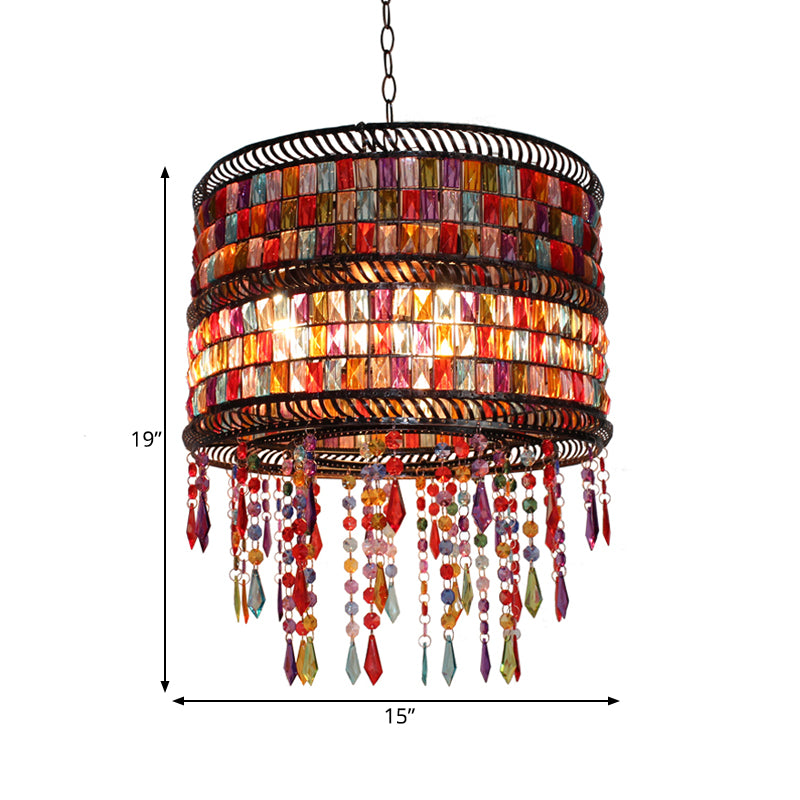 Metal Drum Chandelier Pendant Light Art Deco 3 Heads Living Room Drop Lamp in Bronze with Crystal Draping