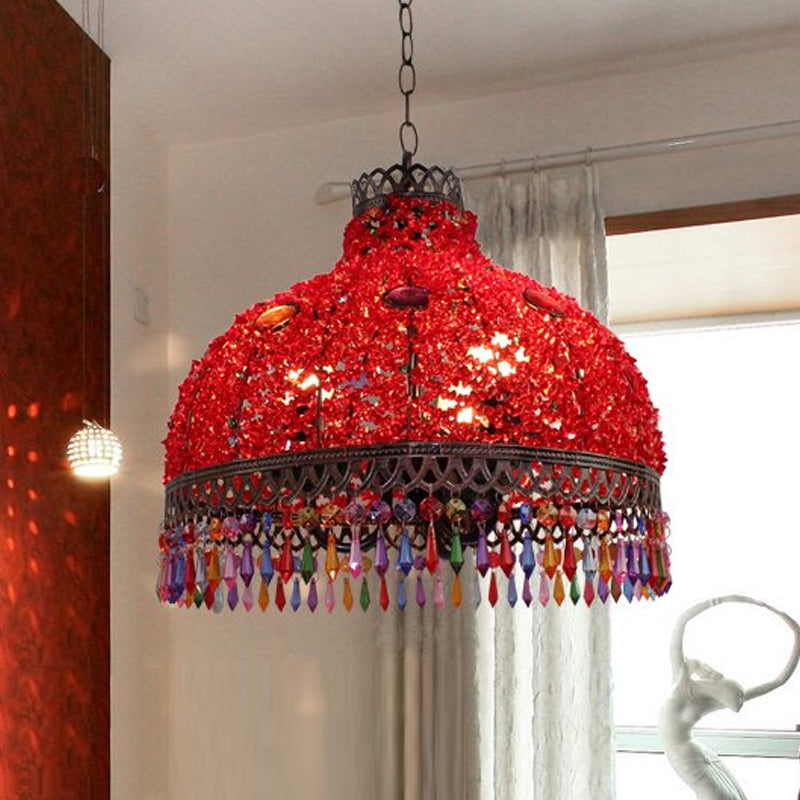 3/6 Bulbs Hanging Chandelier Art Deco Dome Metal Pendant Light Fixture in White/Beige/Red for Living Room, 14.5"/17"/23.5" W