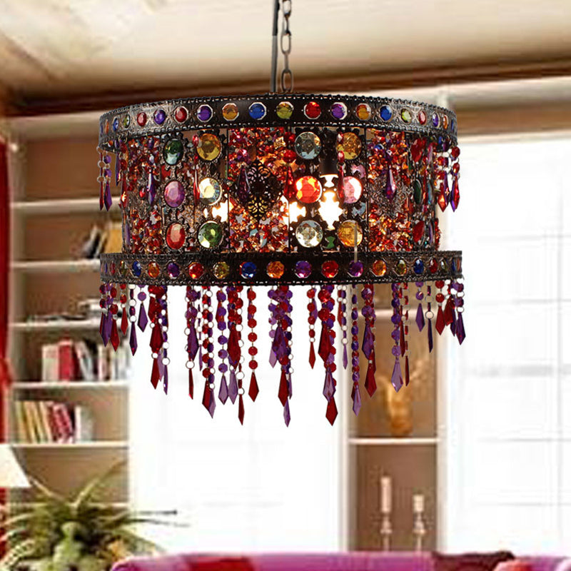 Drum Living Room Ceiling Chandelier Bohemian Metal 3 Lights Bronze Hanging Lamp Kit with Crystal Accent