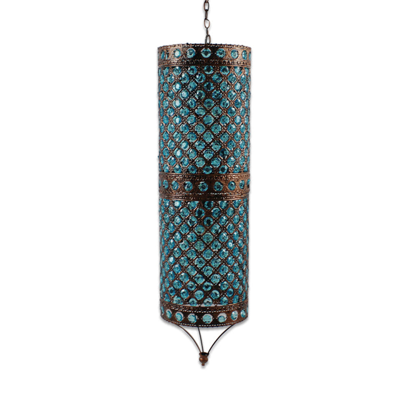 Blue 2 Lights Chandelier Lamp Bohemian Metal Column Suspension Lighting Fixture for Dining Room