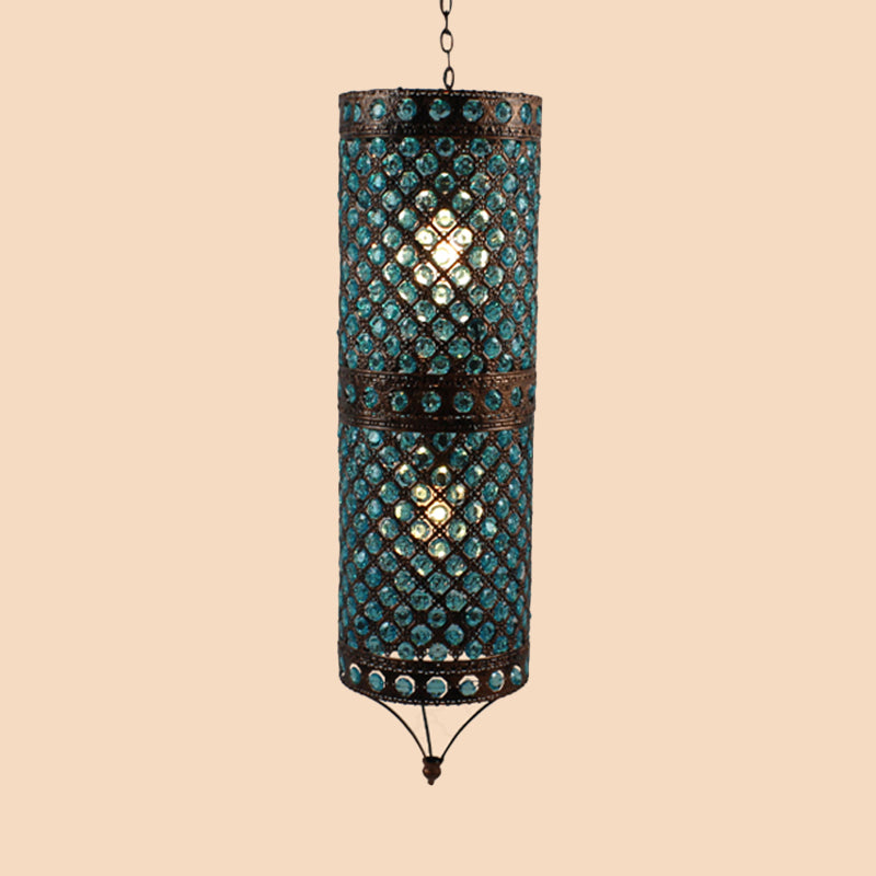 Blue 2 Lights Chandelier Lamp Bohemian Metal Column Suspension Lighting Fixture for Dining Room