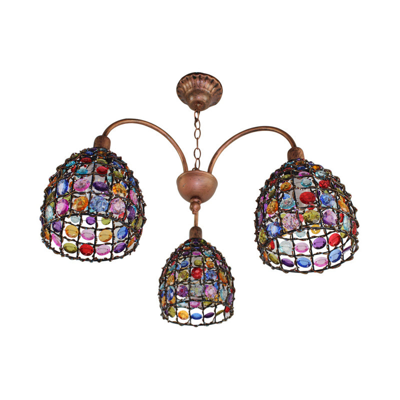 Traditional Dome Chandelier Lighting Fixture 3 Heads Metal Drop Pendant in Bronze for Bedroom