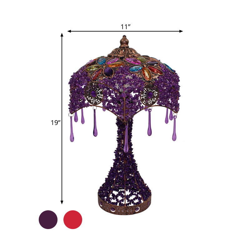 Lampada da comodino in metallo rosso/viola smerlato a 1 luce, lampada da comodino bohémien per soggiorno