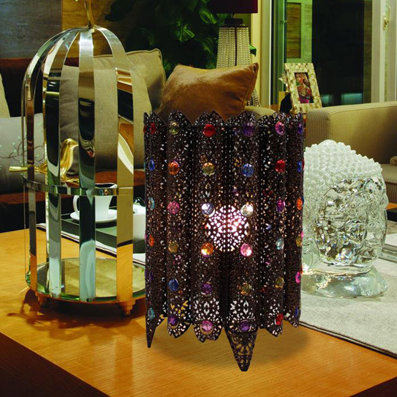 Éclairage de table de salon cylindrique métal bohème 1 ampoule noire / blanc lampe