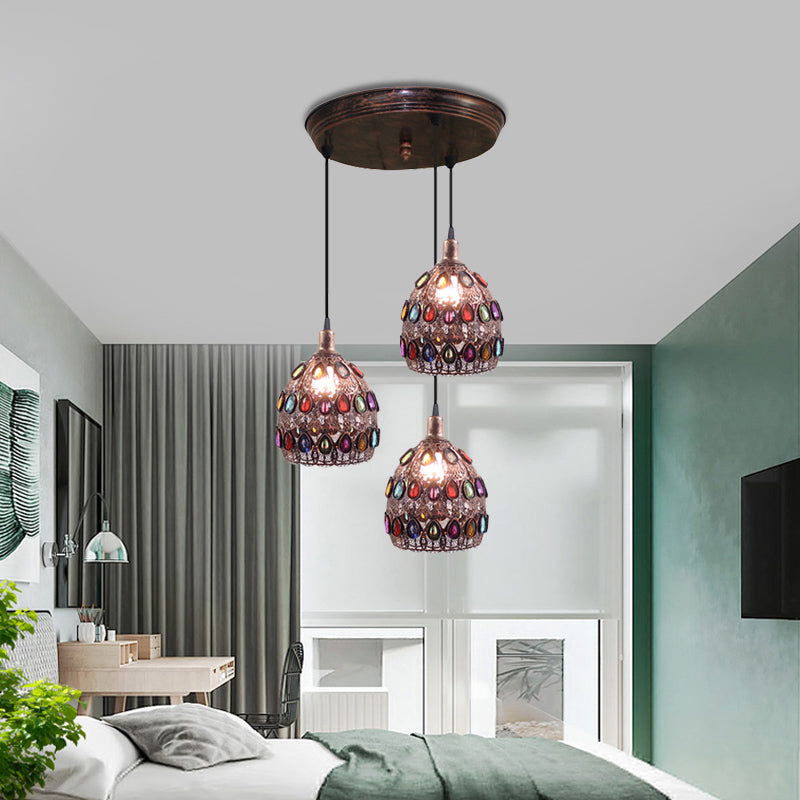 Lámpara de suspensión de domo de metal tradicional de metal colgante de múltiples bulbos de óxido 3 con dosel redondo/lineal para dormitorio