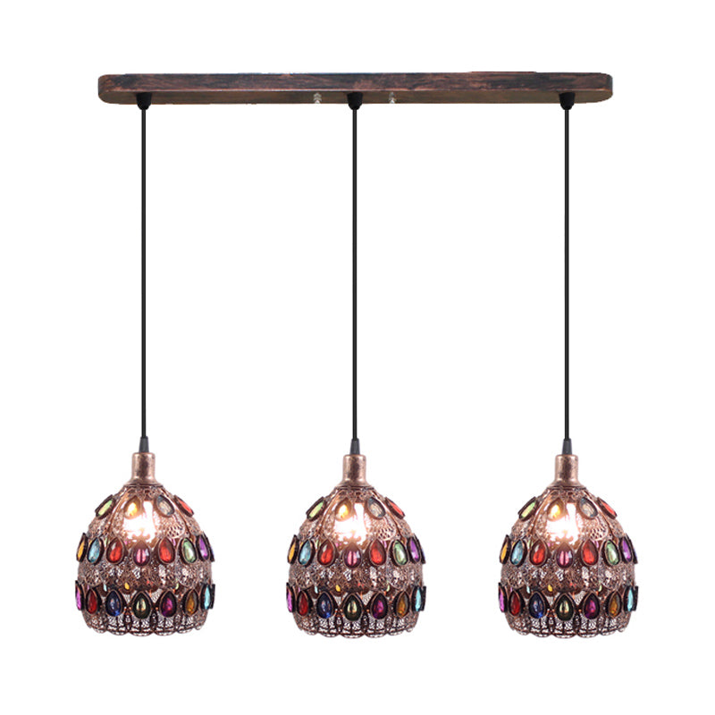 Rust 3 Bulbs Multi Light Pendant Traditional Metal Dome Suspension Lamp with Round/Linear Canopy for Bedroom
