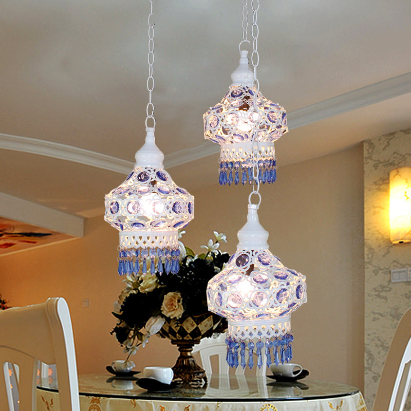 Metal Red/Blue Cluster Pendant Light Lantern 3 Heads Bohemian Ceiling Lamp with Round/Linear Canopy
