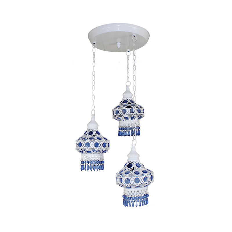 Metal Red/Blue Cluster Pendant Light Lantern 3 Heads Bohemian Ceiling Lamp with Round/Linear Canopy