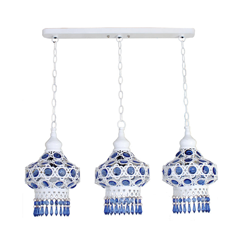 Metal Red/Blue Cluster Pendant Light Lantern 3 Heads Bohemian Ceiling Lamp with Round/Linear Canopy
