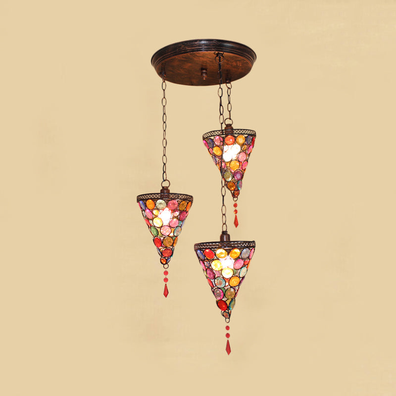 3 Bulbs Conical Cluster Pendant Art Deco Rust Metal Hanging Ceiling Light with Round/Linear Canopy for Bedroom