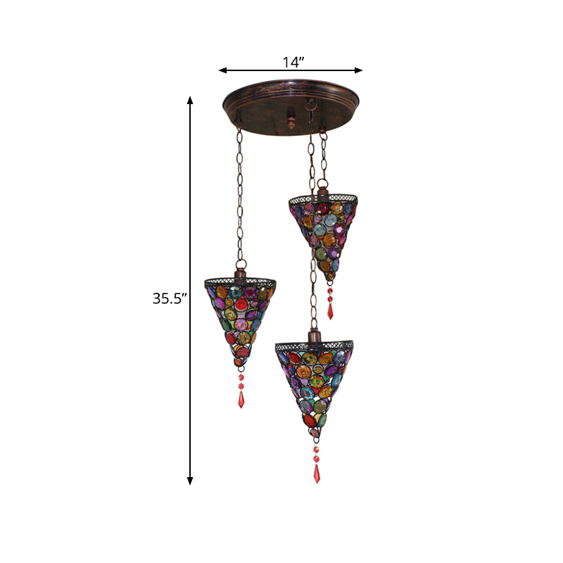 3 Bulbs Conical Cluster Pendant Art Deco Rust Metal Hanging Ceiling Light with Round/Linear Canopy for Bedroom