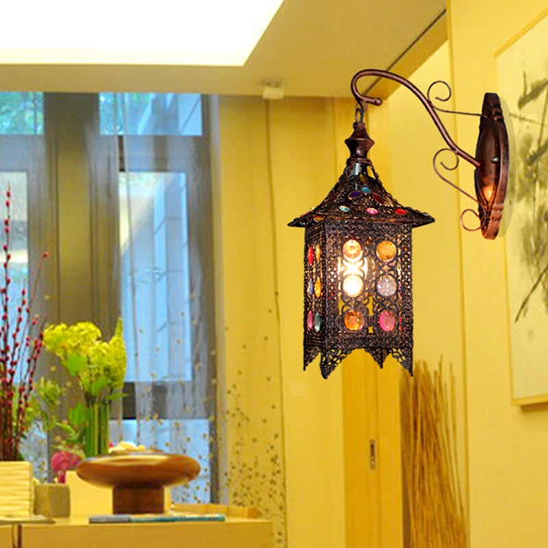 Lantern Bedroom Sconce Wall Light Bohemian Metal 1 Bulb Brass/Black Wall Lighting Fixture