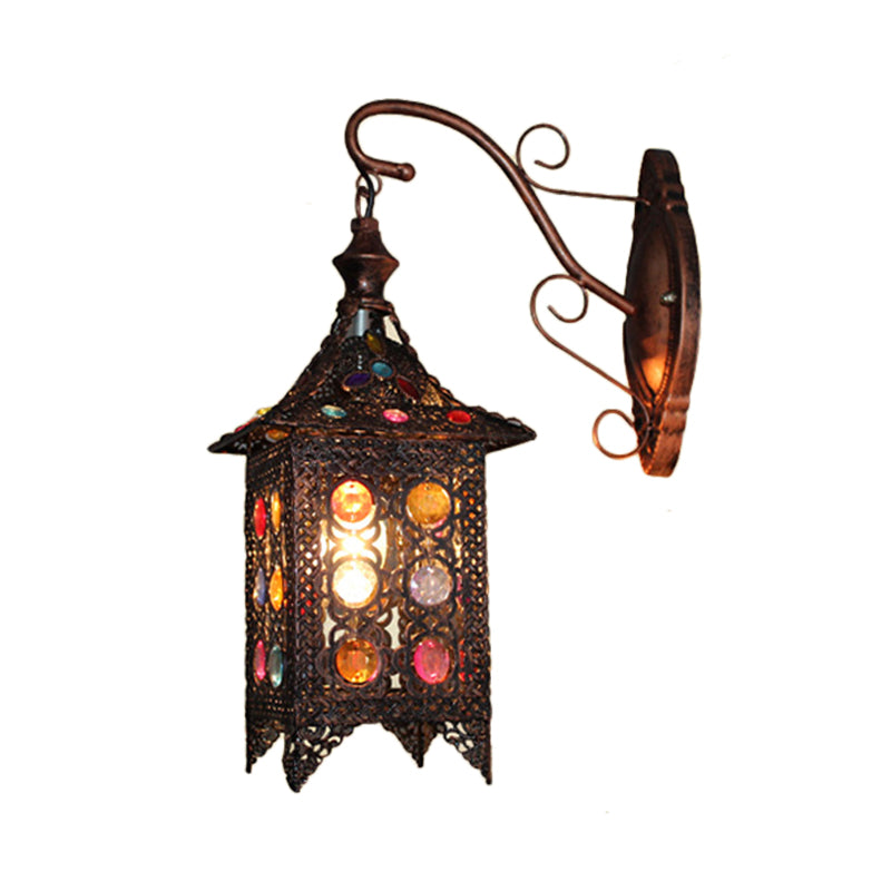 Lantern Bedroom Sconce Wall Light Bohemian Metal 1 Bulb Brass/Black Wall Lighting Fixture
