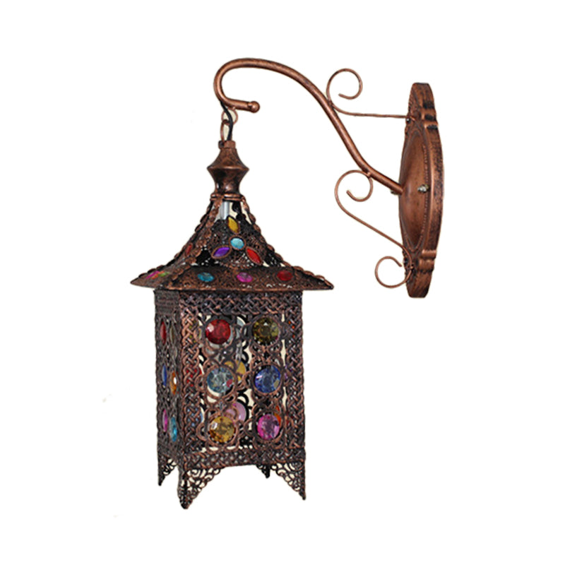 Lantern Bedroom Sconce Wall Light Bohemian Metal 1 Bulb Brass/Black Wall Lighting Fixture