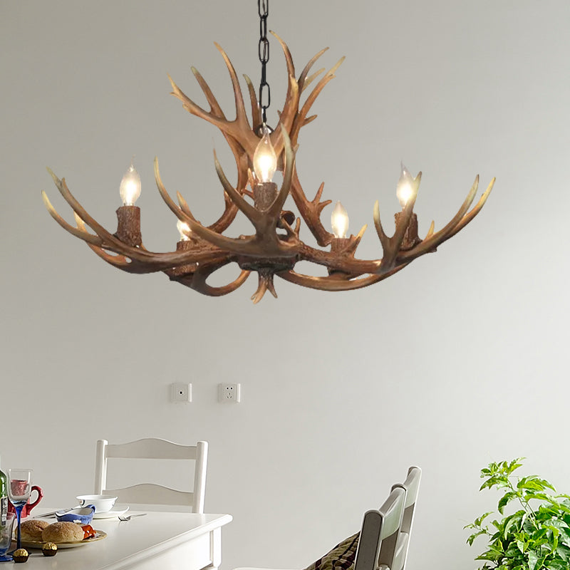 5 Lights Resin Chandelier Lamp Classic White/Brown and Yellow Antler Dining Room Hanging Ceiling Light with/without Shade