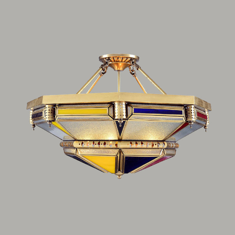 Tower Shape Metal Flush Light Vintage 3 Heads Living Room Semi Flush Mount Lamp in Brass