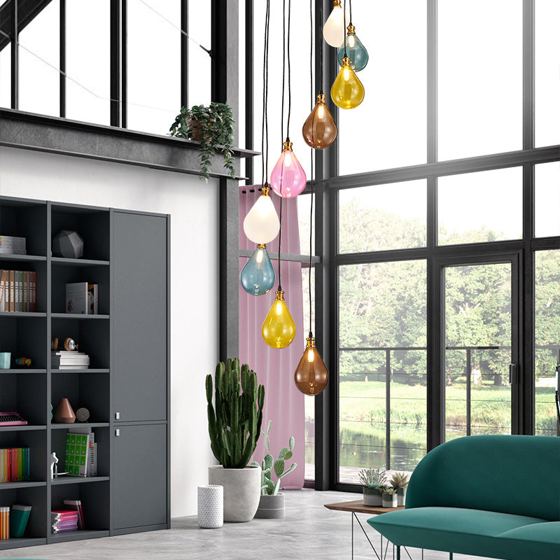 9 Lights Balloon Cluster Pendant Modern White/Pink Glass LED Hanging Ceiling Lamp with Spiral Design