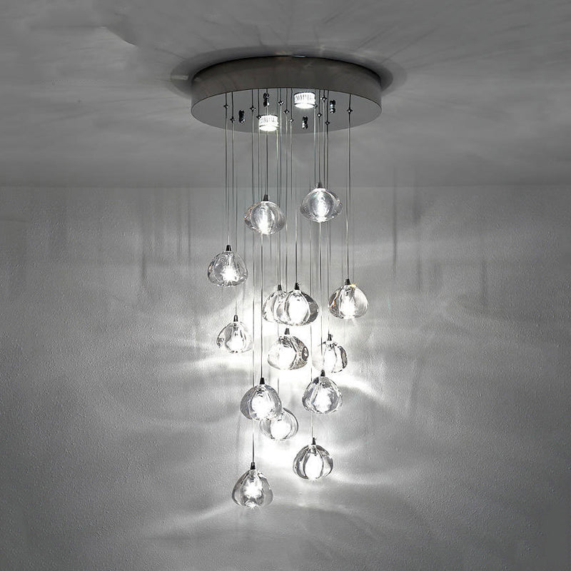 Silver 14 Bulbs LED Ceiling Light Modernism Clear Concave Glass Meteor Shower Cluster Pendant Lamp
