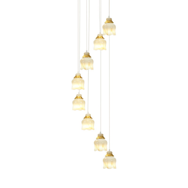White Glass Floral Cluster Pendant Light Modernism 8 Lights Stair Hanging Lamp in Gold