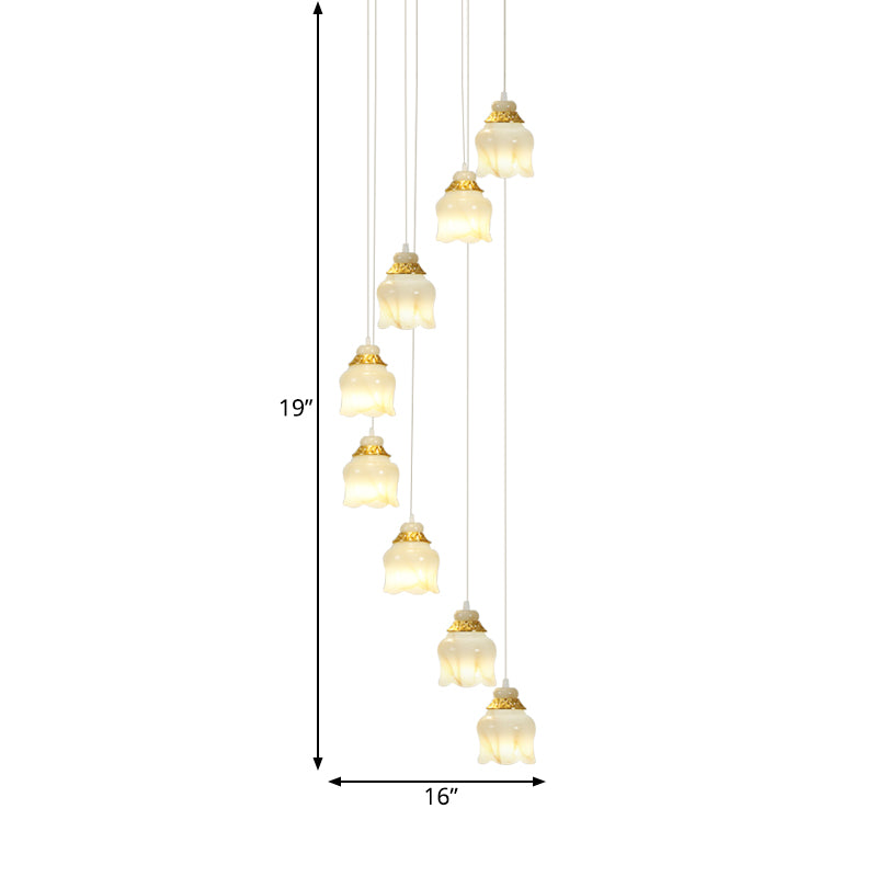 White Glass Floral Cluster Pendant Light Modernism 8 Lights Stair Hanging Lamp in Gold