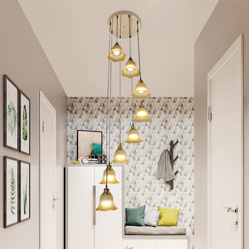 8 Heads Ceiling Lamp Contemporary Living Room Multi Light Pendant with Flower White Glass Shade