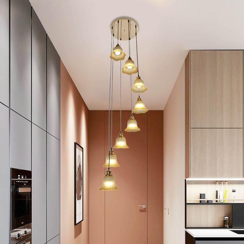 8 Heads Ceiling Lamp Contemporary Living Room Multi Light Pendant with Flower White Glass Shade