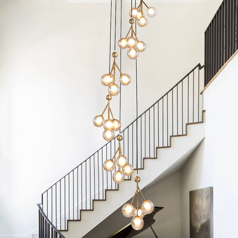 Global Stair Cluster Pendant Lamp Minimalist Clear/Amber/Smoke Gray Glass 20-Light Black/Gold Ceiling Light Fixture
