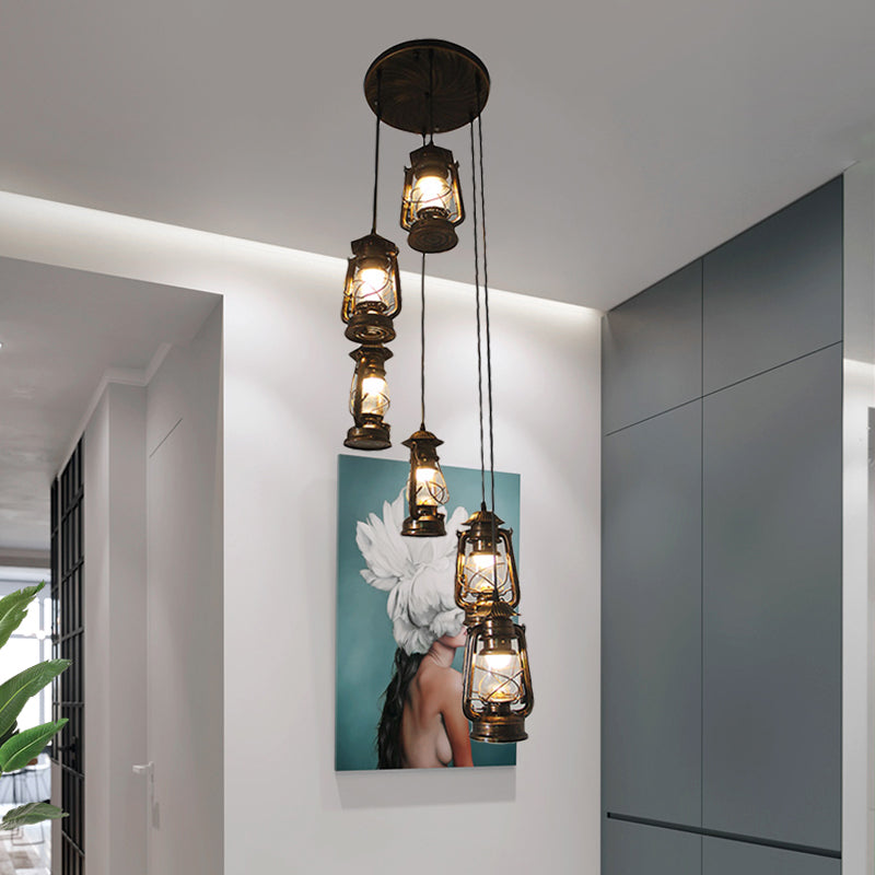 6 Bulbs Metallic Hanging Lamp Contemporary Bronze Lantern Stair Multi Light Pendant