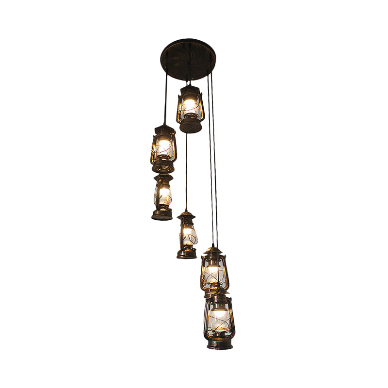 6 Bulbs Metallic Hanging Lamp Contemporary Bronze Lantern Stair Multi Light Pendant